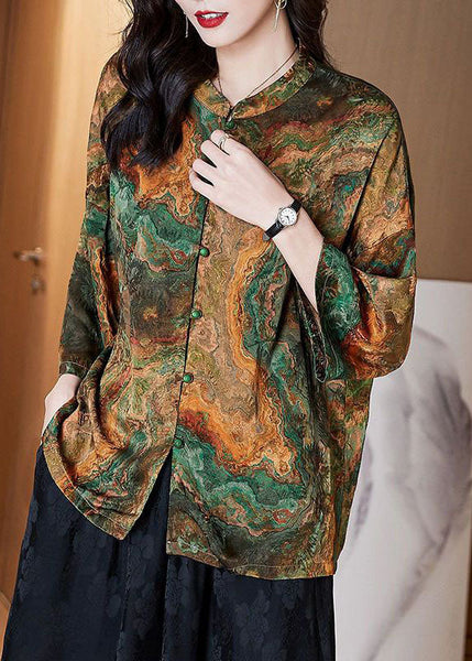 Women Brown Stand Collar Button Print Patchwork Silk Blouse Top Summer TF1060