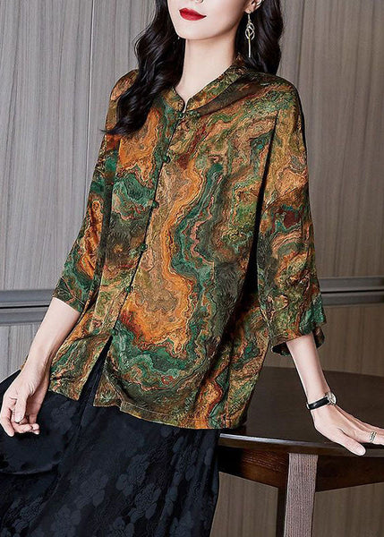 Women Brown Stand Collar Button Print Patchwork Silk Blouse Top Summer TF1060
