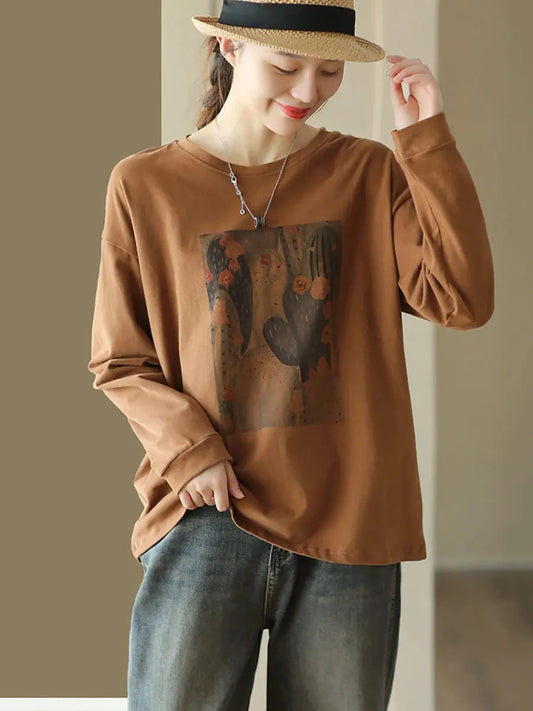 Women Casual Cactus Print Spring O-Neck Cotton Shirt Ada Fashion