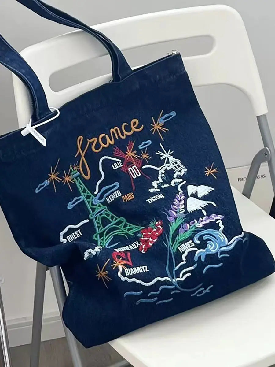 Women Casual Embroidery Denim Shoulder Bag Ada Fashion