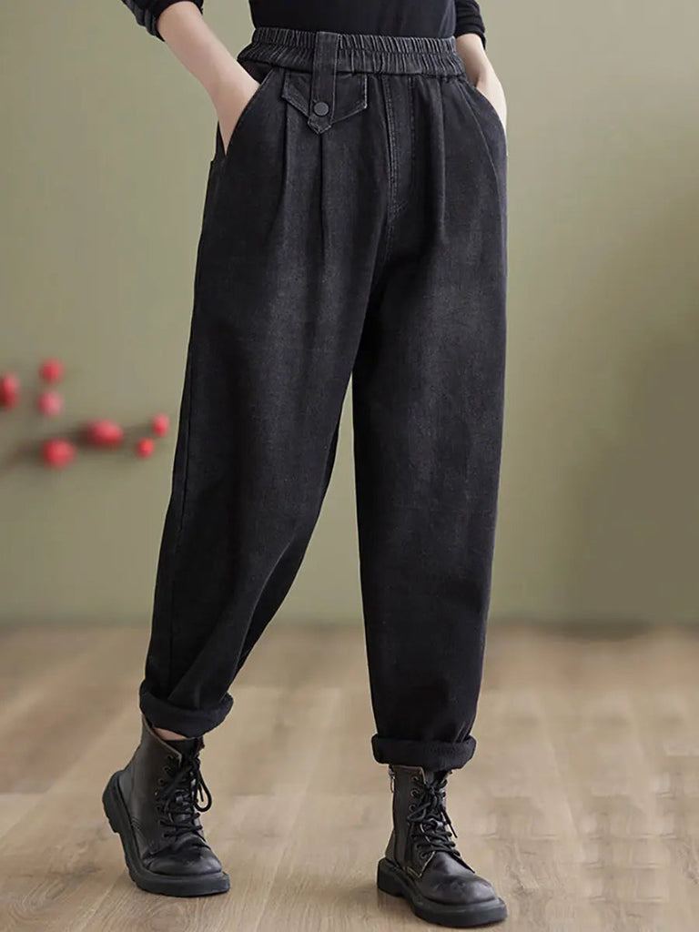 Women Casual Fleece-lined Denim Harem Pants Ada Fashion