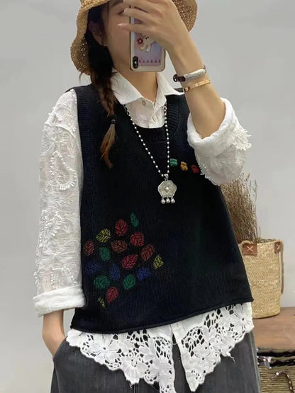 Women Casual Leaf Print Knitted Vest Ada Fashion