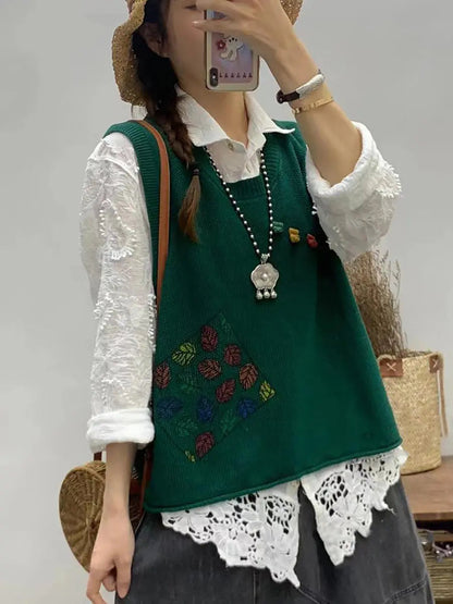 Women Casual Leaf Print Knitted Vest Ada Fashion