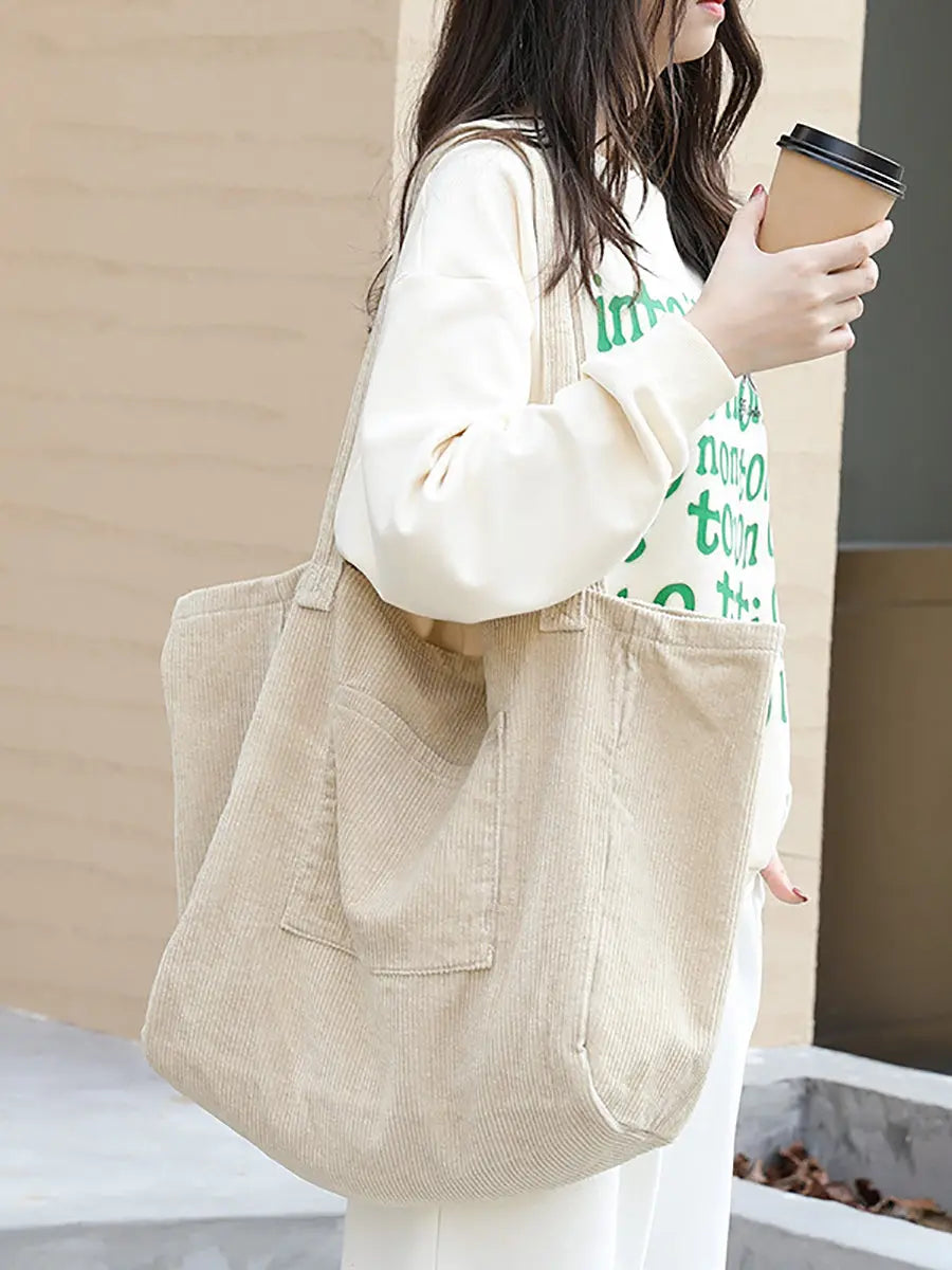 Women Casual Solid Large Corduroy Shoulder Bag Ada Fashion