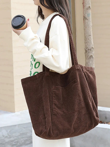 Women Casual Solid Large Corduroy Shoulder Bag Ada Fashion