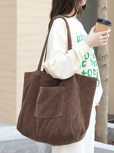 Women Casual Solid Large Corduroy Shoulder Bag Ada Fashion