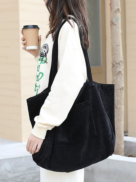 Women Casual Solid Large Corduroy Shoulder Bag Ada Fashion