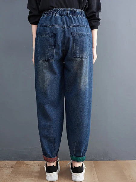 Women Casual Spring Colorblock Raw-edge Denim Pants Ada Fashion