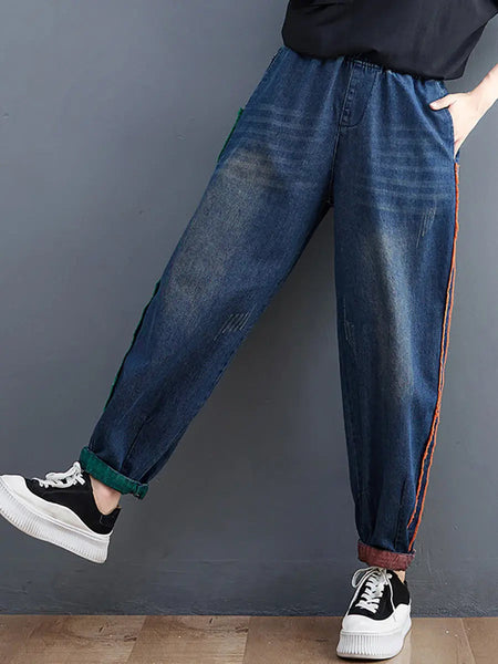 Women Casual Spring Colorblock Raw-edge Denim Pants Ada Fashion