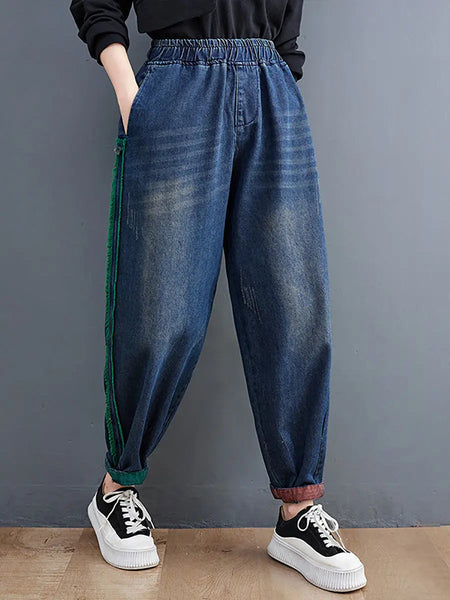 Women Casual Spring Colorblock Raw-edge Denim Pants Ada Fashion