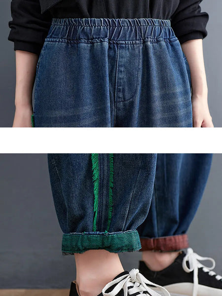 Women Casual Spring Colorblock Raw-edge Denim Pants Ada Fashion