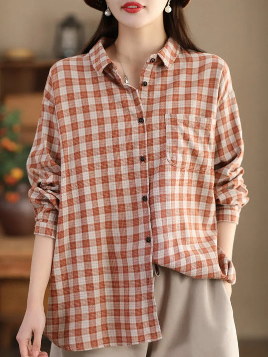 Women Casual Spring Cotton Plaid Shirt Ada Fashion