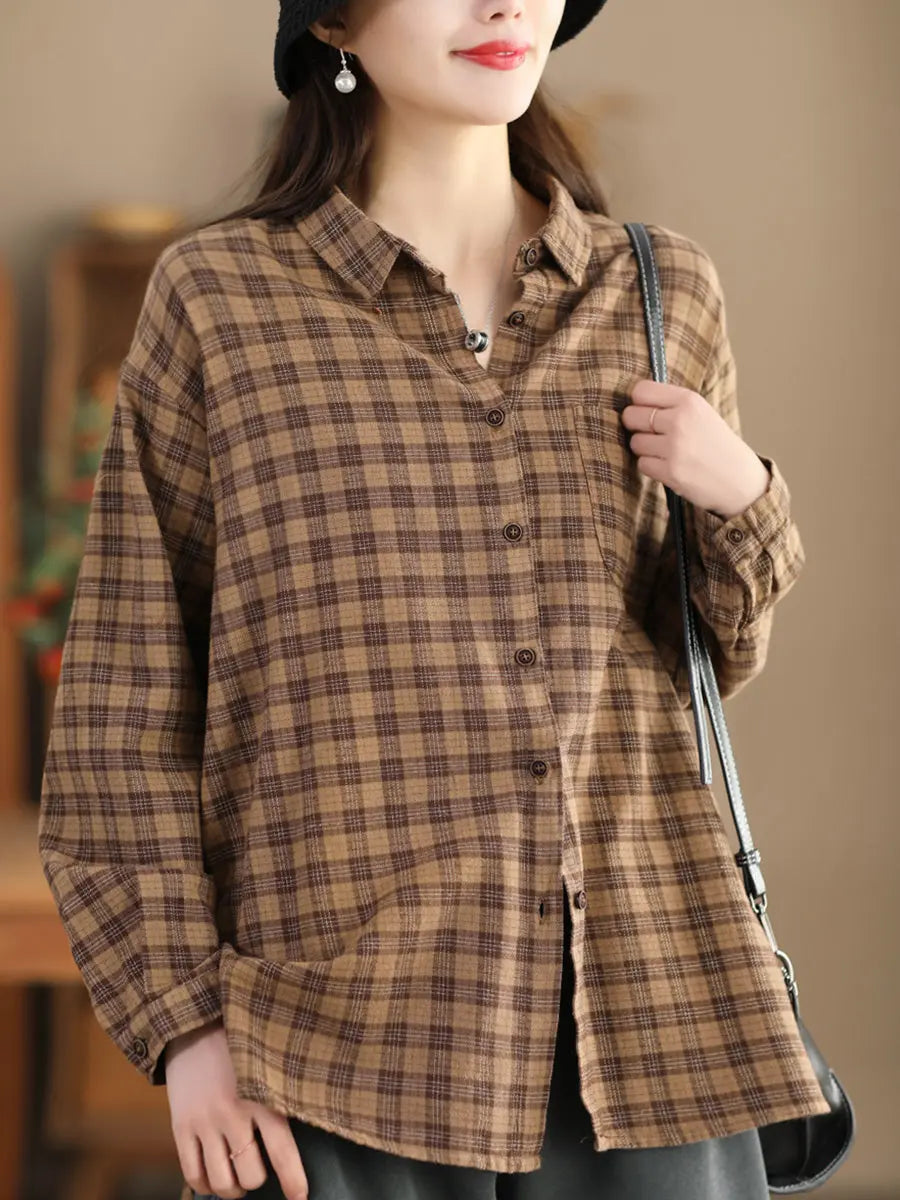 Women Casual Spring Cotton Plaid Shirt Ada Fashion