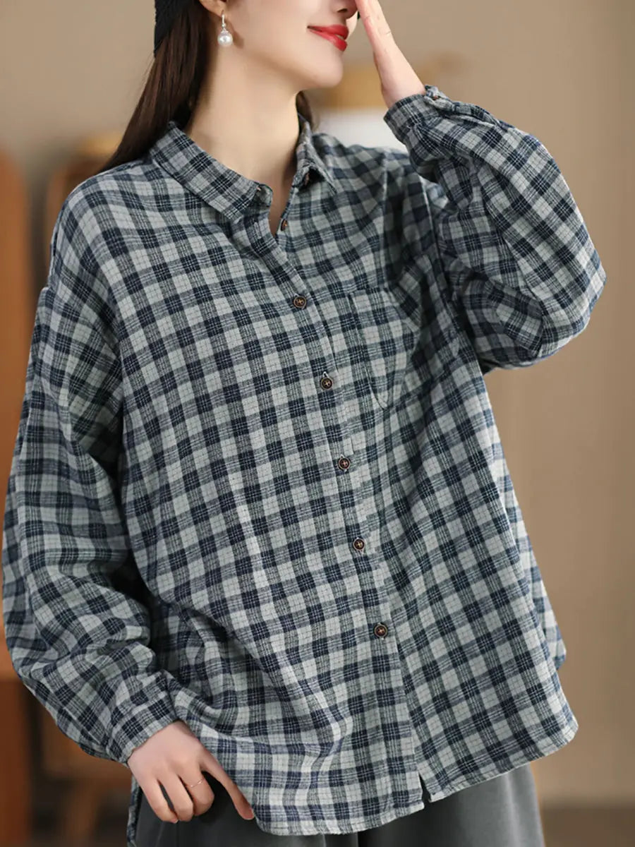 Women Casual Spring Cotton Plaid Shirt Ada Fashion