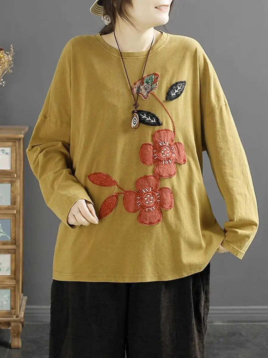 Women Casual Spring Flower Spliced O-Neck Cotton Shirt Ada Fashion