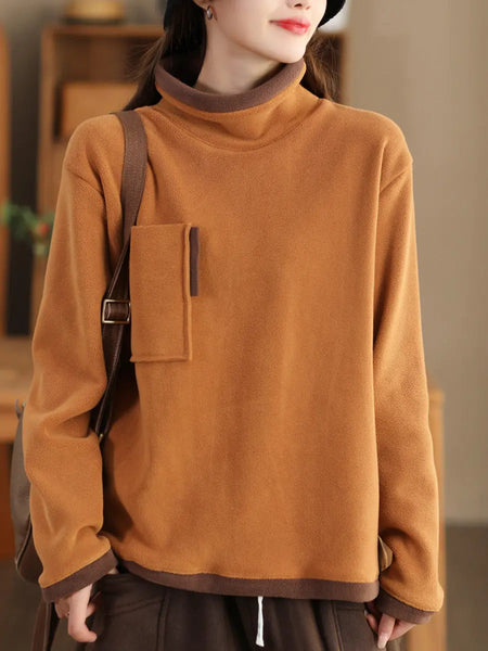 Women Casual Winter Spliced Turtleneck Fleece Sweatshirt Ada Fashion