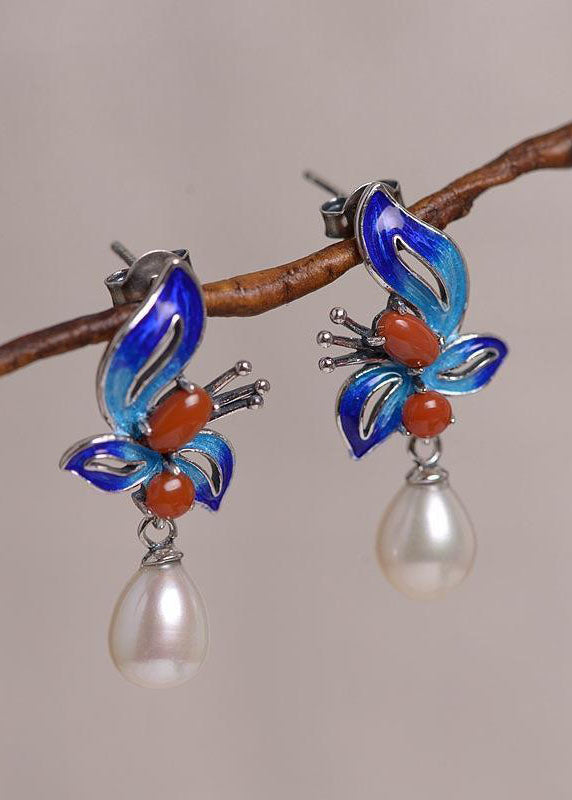 Women Cloisonne Butterfly Pearl Metal Stud Earrings HE1004