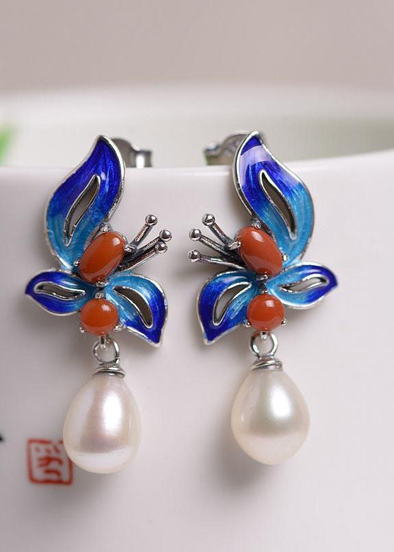 Women Cloisonne Butterfly Pearl Metal Stud Earrings HE1004