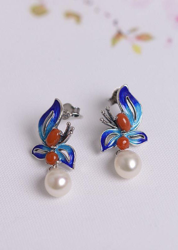 Women Cloisonne Butterfly Pearl Metal Stud Earrings HE1004