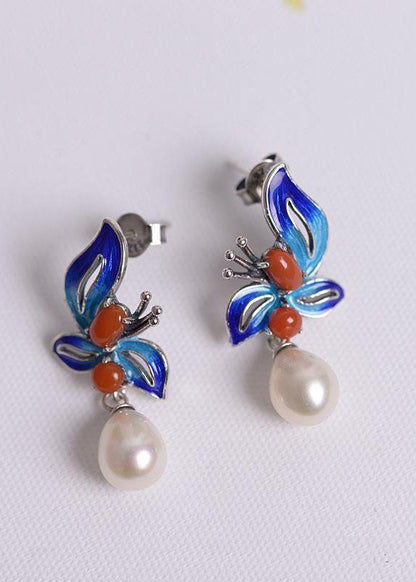 Women Cloisonne Butterfly Pearl Metal Stud Earrings HE1004