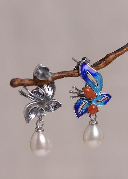 Women Cloisonne Butterfly Pearl Metal Stud Earrings HE1004