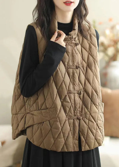 Women Coffee Button Pockets Patchwork Cotton Filled Waistcoat Sleeveless Ada Fashion