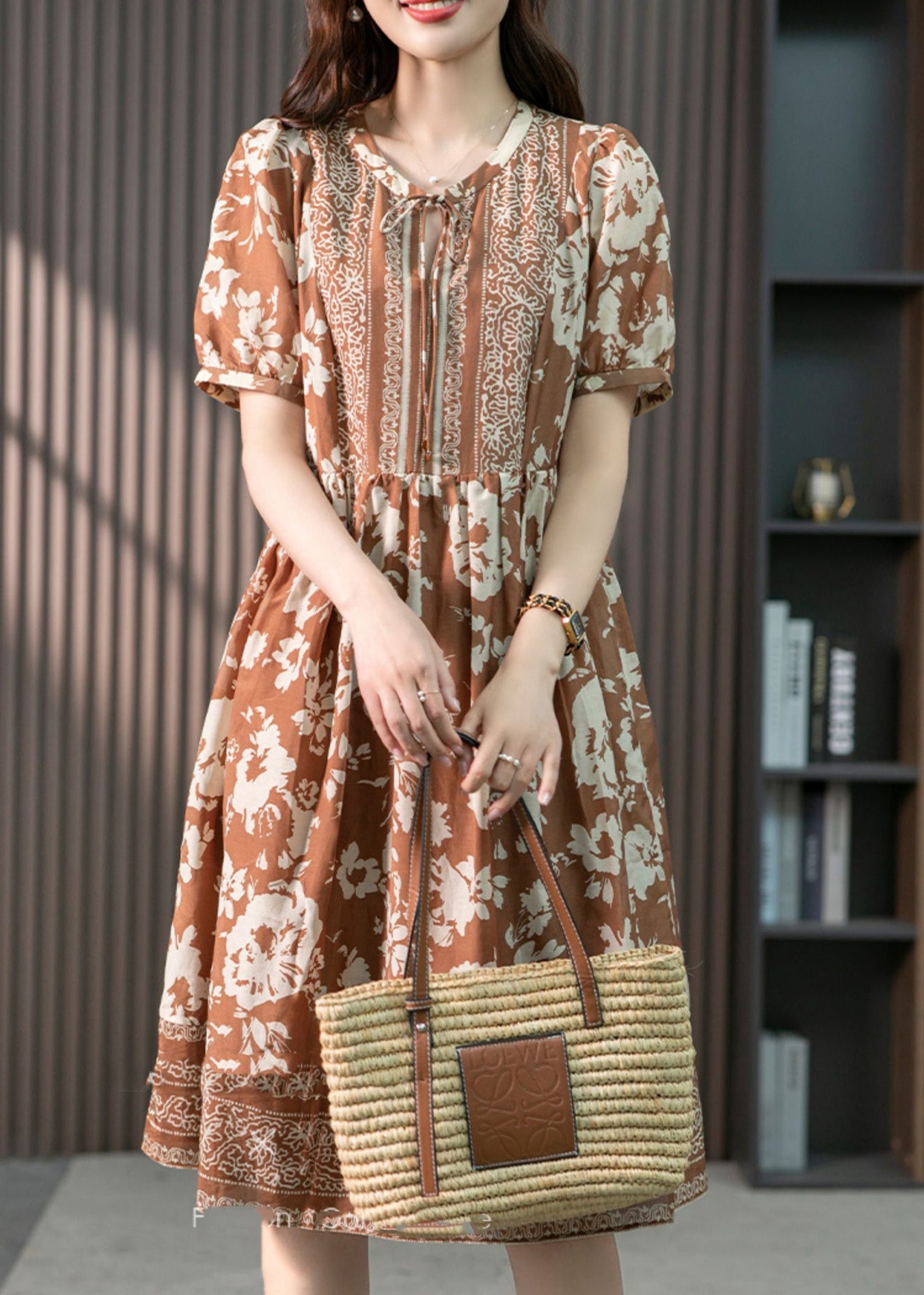 Women Coffee O-Neck Print Patchwork Silk Long Dress Summer LY1747