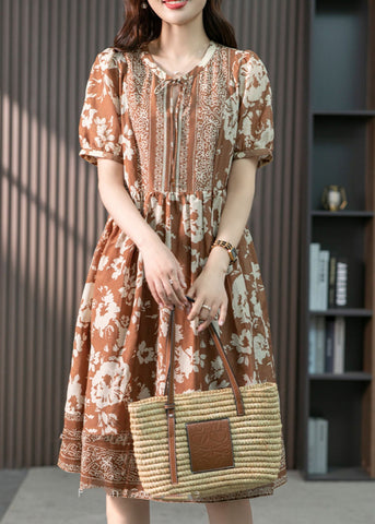 Women Coffee O-Neck Print Patchwork Silk Long Dress Summer LY1747