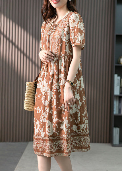Women Coffee O-Neck Print Patchwork Silk Long Dress Summer LY1747