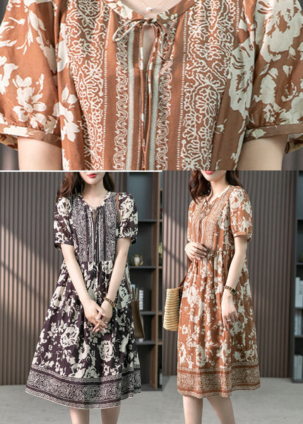 Women Coffee O-Neck Print Patchwork Silk Long Dress Summer LY1747