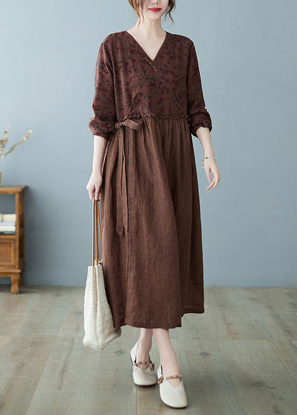 Women Coffee Ruffled Tie Waist Oriental Linen Dresses Spring AC2001