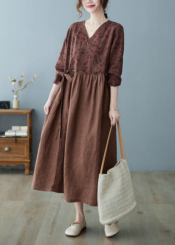 Women Coffee Ruffled Tie Waist Oriental Linen Dresses Spring AC2001