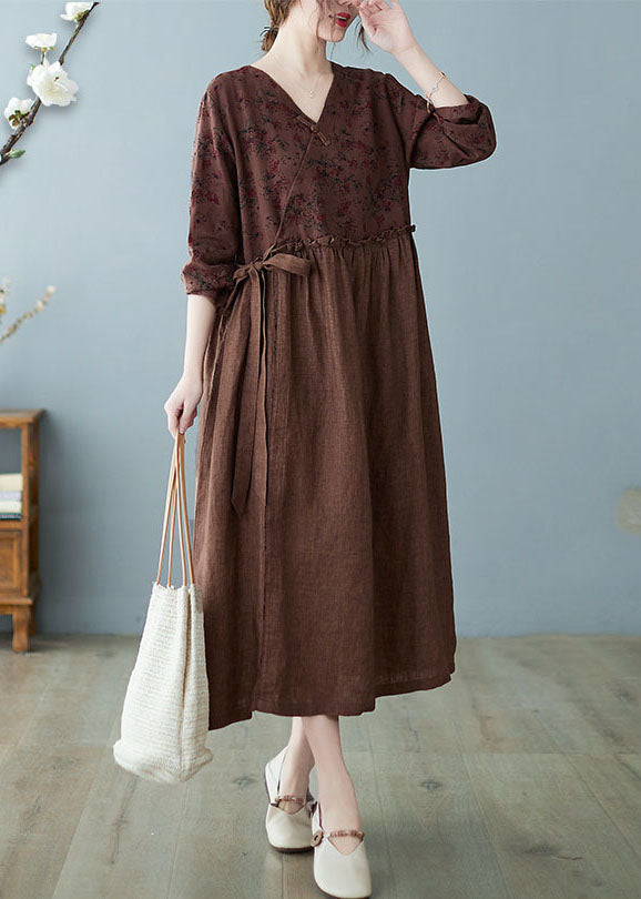 Women Coffee Ruffled Tie Waist Oriental Linen Dresses Spring AC2001