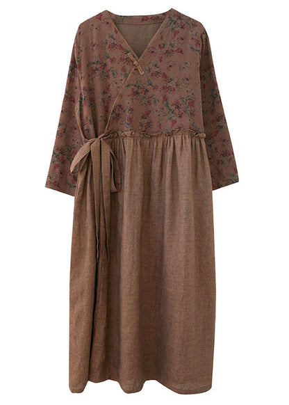 Women Coffee Ruffled Tie Waist Oriental Linen Dresses Spring AC2001