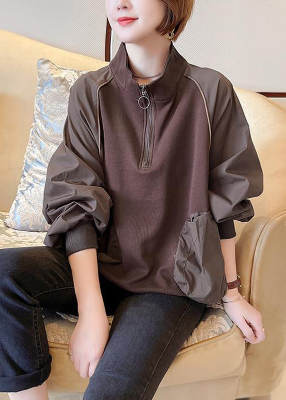 Women Chocolate Stand Collar Patchwork Zippered Sweatshirts Long Sleeve HA1029