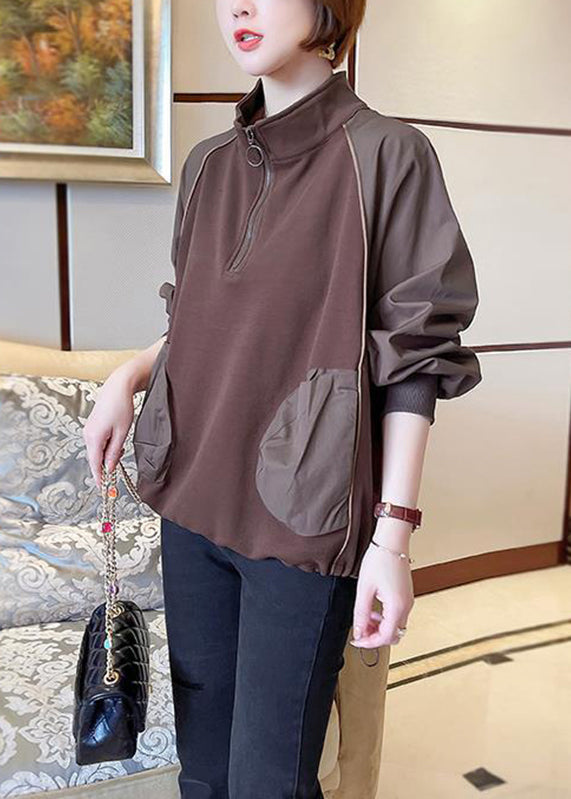 Women Chocolate Stand Collar Patchwork Zippered Sweatshirts Long Sleeve HA1029