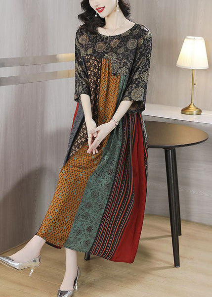 Women Colorblock O Neck Print Striped Patchwork Silk Dresses SummerTI1043