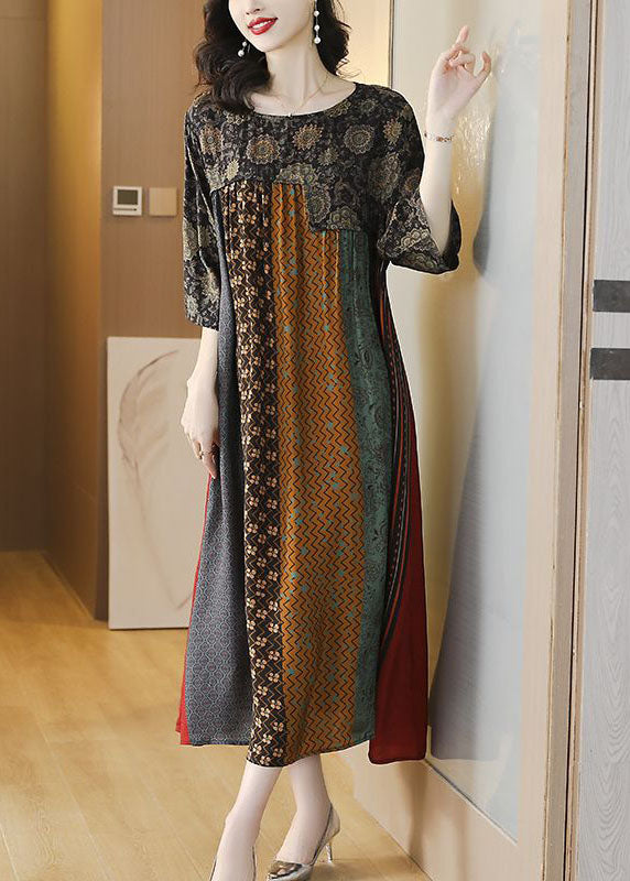 Women Colorblock O Neck Print Striped Patchwork Silk Dresses SummerTI1043