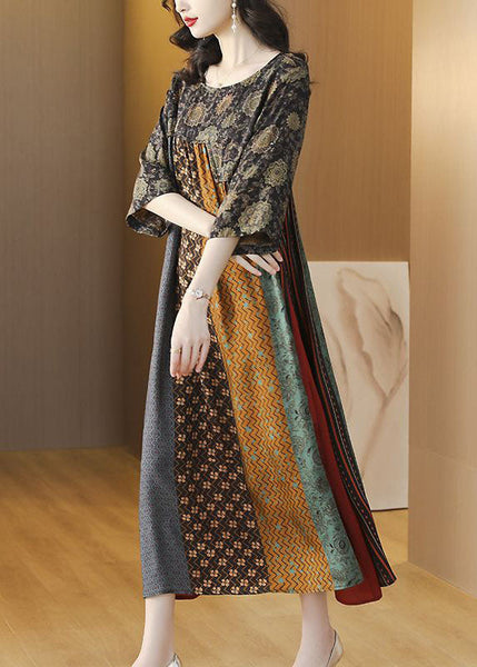 Women Colorblock O Neck Print Striped Patchwork Silk Dresses SummerTI1043