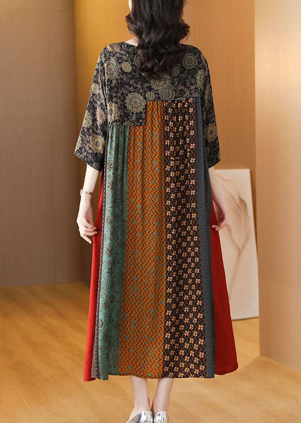 Women Colorblock O Neck Print Striped Patchwork Silk Dresses SummerTI1043