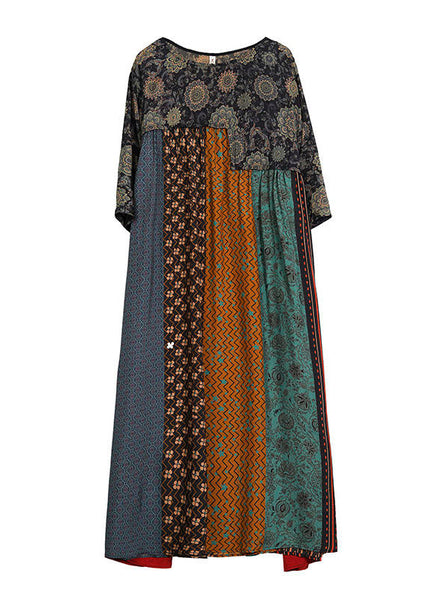 Women Colorblock O Neck Print Striped Patchwork Silk Dresses SummerTI1043