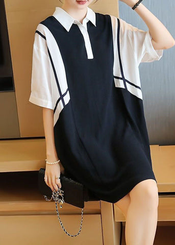 Women Colorblock Oversized Patchwork Cotton Mid Dress Summer LY1435