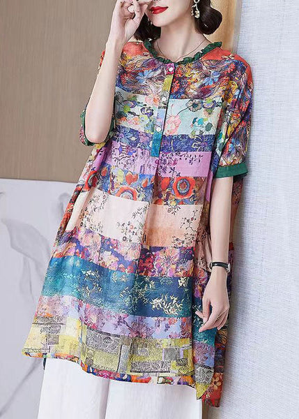 Women Colorblock Ruffled Print Patchwork Cotton Shirt Top Half Sleeve TF1040