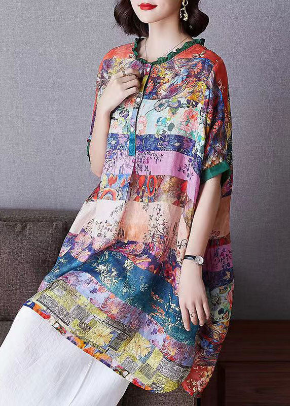 Women Colorblock Ruffled Print Patchwork Cotton Shirt Top Half Sleeve TF1040