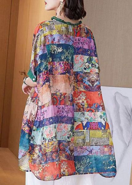 Women Colorblock Ruffled Print Patchwork Cotton Shirt Top Half Sleeve TF1040