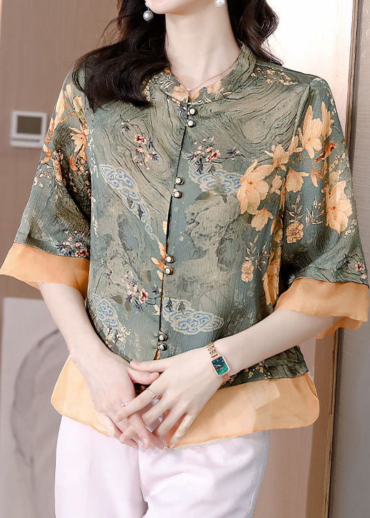 Women Colorblock Stand Collar Patchwork Print Silk Tops Summer LC0262