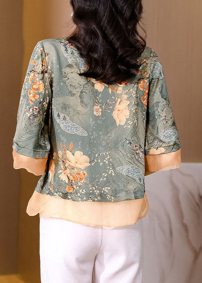 Women Colorblock Stand Collar Patchwork Print Silk Tops Summer LC0262