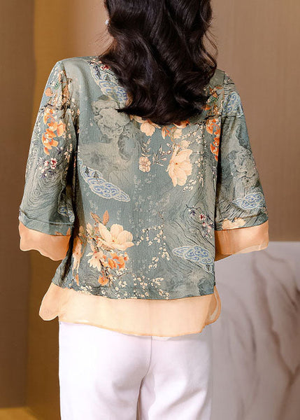 Women Colorblock Stand Collar Patchwork Print Silk Tops Summer LC0262