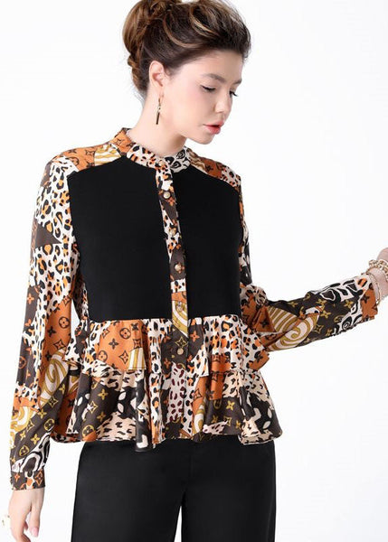 Women Colorblock Stand Collar Ruffled Print Patchwork Silk Shirts Spring TI1033