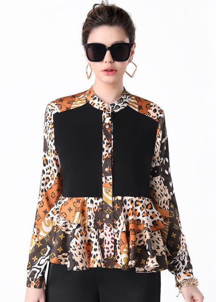Women Colorblock Stand Collar Ruffled Print Patchwork Silk Shirts Spring TI1033